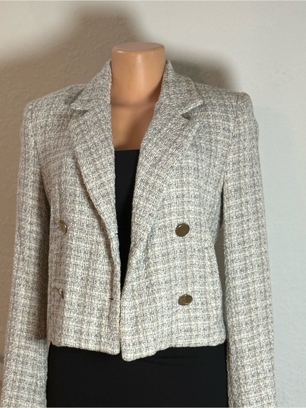 Zara Cropped Tweed Blazer in Taupe Mix size